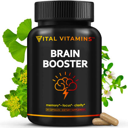 Vital Vitamins Brain Supplements for Memory and Focus - Nootropic Brain Support - Memory, Clarity, Focus, Energy - Vitamin B12, Gingko Biloba, DMAE