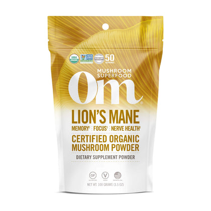 Om Mushroom Superfood | Lion's Mane | USA Grown Organic Mushrooms |Memory, Focus, Clarity, Nerve Health, & Mood Support | 3.5 oz, 50 Servings Powder Supplement Pouch