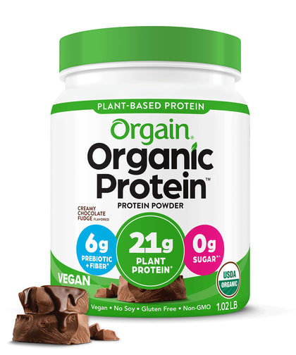 Orgain Organic Vegan Protein Powder, Creamy Chocolate Fudge - 21g Plant Protein, 6g Prebiotic Fiber, Low Net Carb, No Lactose Ingredients, No Added Sugar, Non-GMO, For Shakes & Smoothies, 1.02 lb