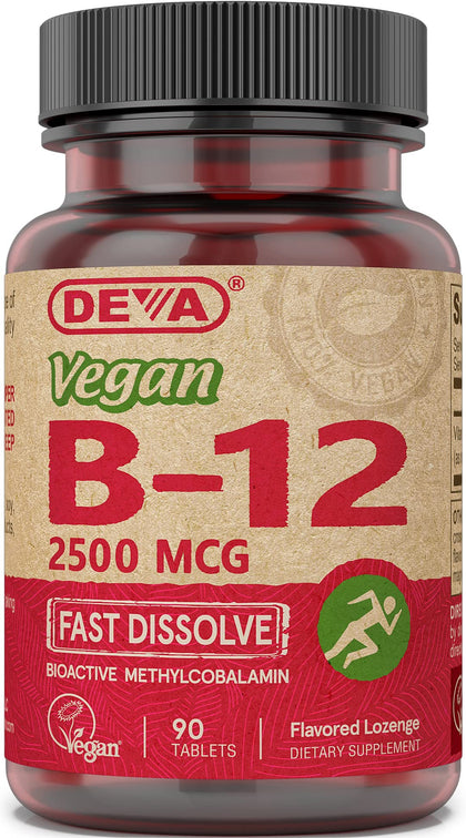 DEVA Nutrition Vegan Sublingual Fast Dissolve B-12 Tablets, 2500 mcg, 90 Count