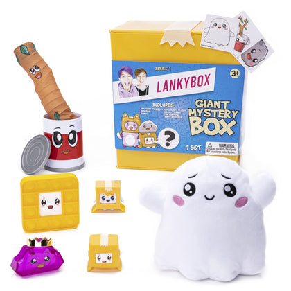 LankyBox Giant Mystery Box: Wearable Boxy case, 2 Figures, one 6 Glow-in-The-Dark Plush, a Squishy , pop-it Fidget Toy, Canny with pop-Out Sticky, and 3 Stickers