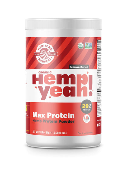 Manitoba Harvest Hemp Yeah! Organic Max Protein Powder, Unsweetened, 16oz; with 20g protein and 4.5g Omegas 3&6 per Serving, Keto-Friendly, Preservative Free, Non-GMO