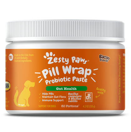 Zesty Paws Pill Wrap Probiotic Paste for Dogs - Immune & Digestive System Support - Bacon Flavor - with DE111 Bacillus subtilis - Pockets Any Pill, Tablet & Capsule for Your Dog - 60 Portions