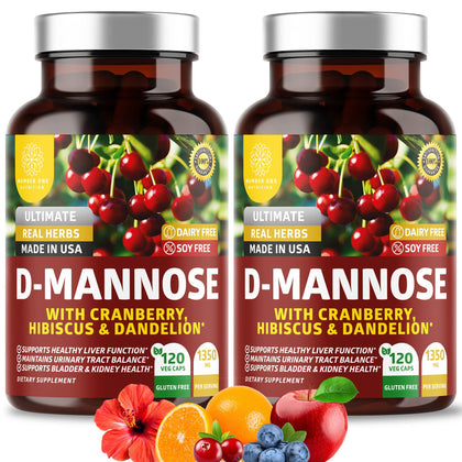 Number One Nutrition 2-Pack N1N Premium D Mannose with Cranberry and Dandelion [Max Strength, 1350mg] Supports Urinary Tract Health, Flush Impurities and Bladder Health Support, 240 Veg Caps