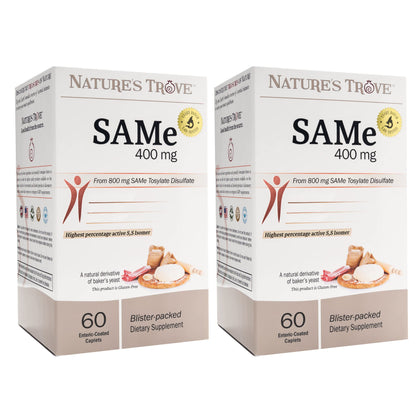 Nature's Trove SAM-e 400mg 120 Enteric Coated Caplets (2 Boxes of 60) - Vegan, Kosher, Non-GMO, Soy Free, Gluten Free - Mood and Joint Comfort - Cold Form Blister Packed