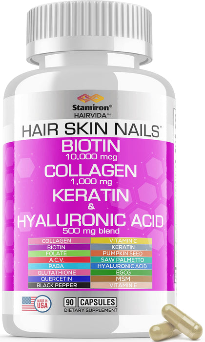 Stamiron Hair Skin and Nails Vitamins for Women with Biotin 10000mcg Collagen 1000mg Supplements Plus Keratin Hyaluronic Acid Saw Palmetto Bamboo Vitamin B & C for Hair Nail & Skin