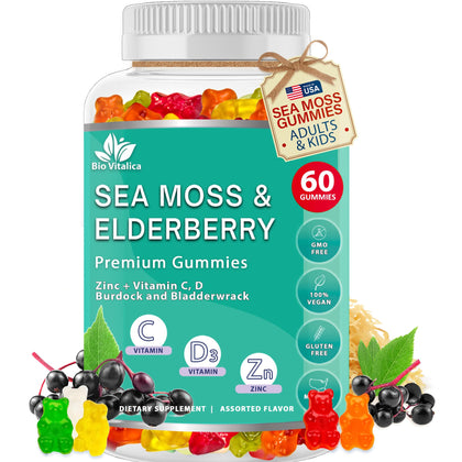 BIO VITALICA Sea Moss Gummies Elderberry BioVitalica - Vitamin C D + Zinc - Irish Seamoss Vegan Gummy with Sea Moss Gel & Powder for Immunity, Detox - for Adults and Kids