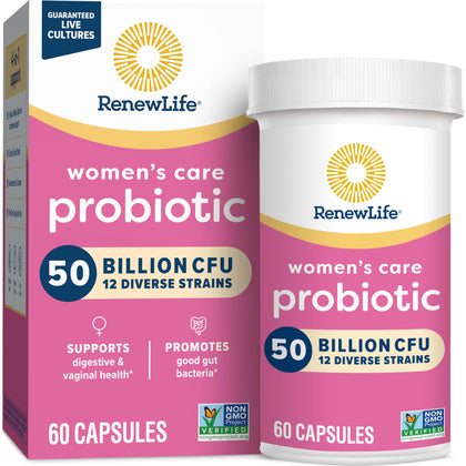 Renew Life Women's Probiotic Capsules, 50 Billion CFU Guaranteed, Supports pH Balance, Vaginal, Urinary, Digestive and Immune Health(2), L. Rhamnosus GG, Dairy, Soy and Gluten-Free, 60 Count