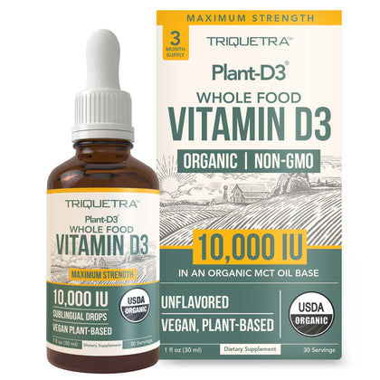 Organic Vitamin D3 10,000 IU - Plant D3, Vegan, Max Strength Sublingual Liquid D3 Drops - 200% Higher Absorption, 100% Plant-Based Cholecalciferol Form & Vegan D3, Adjustable Dosing (30 Servings)