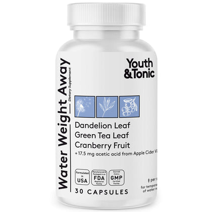 Youth & Tonic Natural Water Weight Away Pills for Swelling Water Retention & Belly Bloating - Herbal Diuretic Supplement for Women & Men - 30 Capsules w/Potassium Caffeine Free