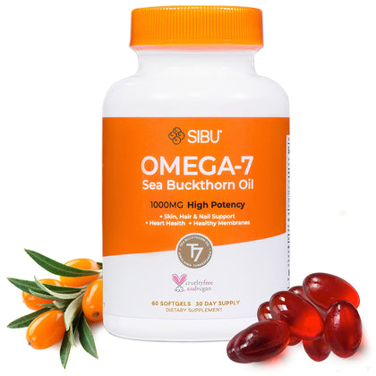 sibu Omega-7 Softgels, Premium Organic Himalayan Sea Buckthorn Oil (60ct, 30 Day Supply) - Supplement for Healthy Skin, Hair, Nails and Dryness