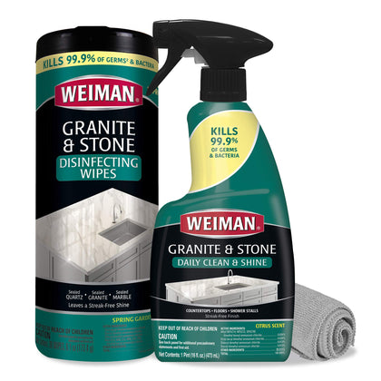 Weiman Disinfectant Granite Cleaner Kit - Safely Clean Disinfect and Shine Granite Marble Soapstone Quartz Quartzite Slate Limestone Corian Laminate Tile Countertops - Packaging May Vary