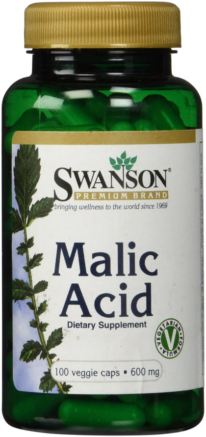 Swanson Malic Acid - Natural Supplement Promoting Cellular Energy Production - Formula to Help Nourish & Energizes Muscles - (100 Veggie Capsules, 600mg Each)