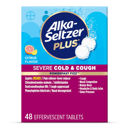 Alka-Seltzer Plus Severe,Cold & Cough Medicine For Adults,PowerFast Fizz Citrus Effervescent Tablets,Fast Relief of Headache,Sore Throat,Nasal & Sinus Congestion,Runny Nose,& Fever,48ct