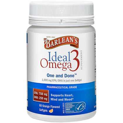 Barlean's Ideal Omega 3 Fish Oil Supplement, 1,000 mg Softgels, Pharmaceutical Grade EPA & DHA for Brain, Joint, & Heart Health, Orange Flavor, 60 ct