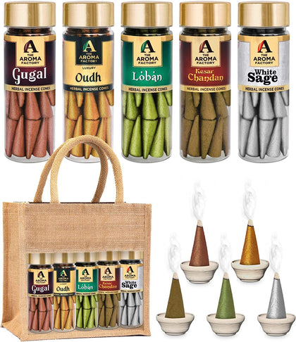 The Aroma Factory Organic Dhoop Cones | Gugal, Oudh, Loban, White Sage & Kesar Chandan Incense Cones | No Charcoal, Scented Incense | 5x30 Cones, Pack of 5 Jute Bag Giftset