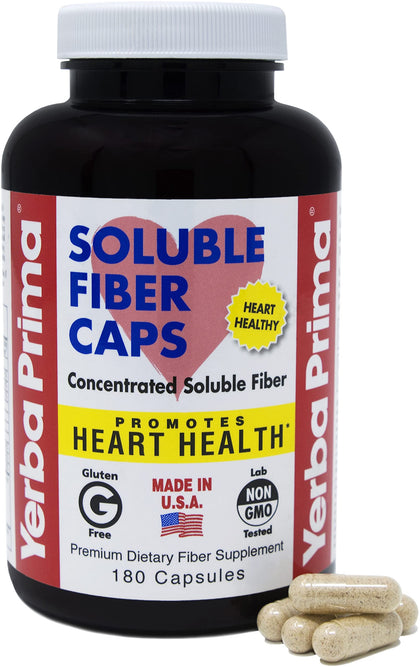 Yerba Prima Soluble Fiber Formula Capsules, 180 Count - Premium Dietary Fiber Supplement, Natural, Concentrated Soluble Fiber, Gluten Free, Non-GMO, Made in USA