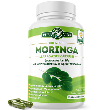 PURA VIDA MORINGA Capsules Single Origin Moringa Powder Organic. Moringa Leaf. Energy, Metabolism, & Immune Support. 120ct. 500mg Caps.