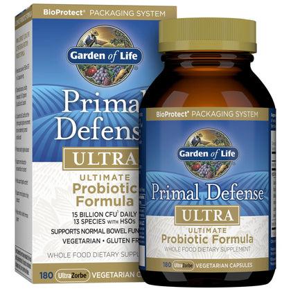 Garden of Life Whole Food Primal Defense Ultra Ultimate Probiotic Dietary Supplement Vegetarian Capsules for Digestive and Gut Health, 180 Count