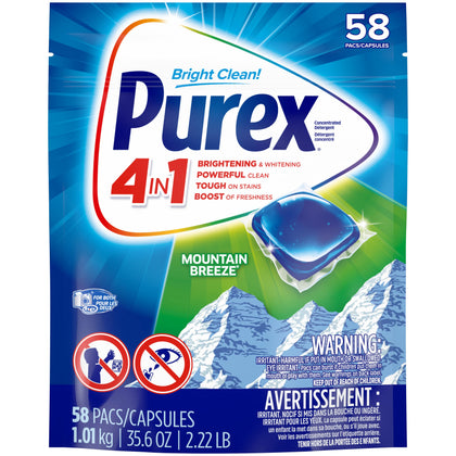 Purex 4-in-1 laundry detergent pacs, mountain breeze, 58 Count