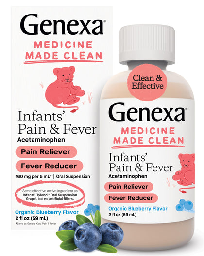 Genexa Infants Pain and Fever Reducer | Baby Acetaminophen, Dye Free, Liquid Oral Suspension Medicine for Infant | Delicious Organic Blueberry Flavor | 160 mg per 5mL | 2 Fluid Ounces