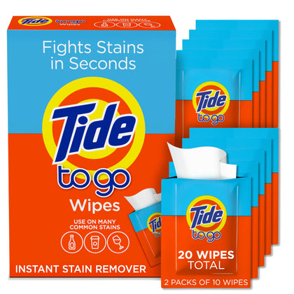 Tide Stain Remover for Clothes, Tide To Go Wipes, Instant Stain Remover for Clothes, Travel & Pocket Size, 20 Count