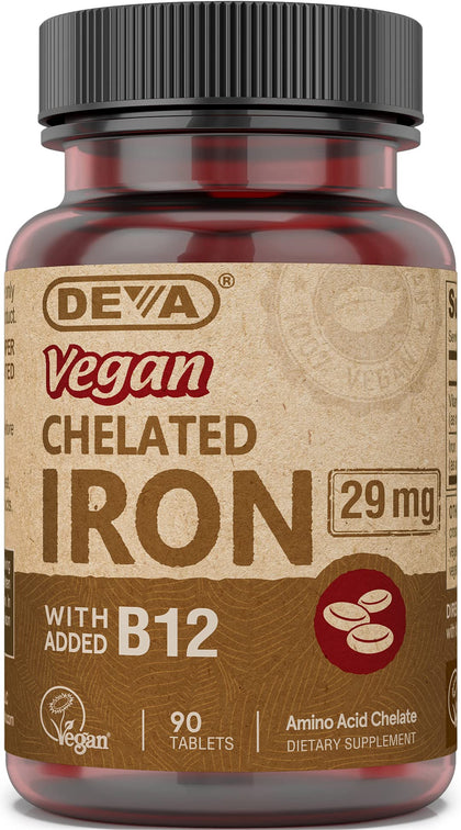 Deva Nutrition Vegan Chelated Iron 29 mg Fortified with B-12 - High Potency, Easy to Swallow - 90 Tablets, 1-Pack