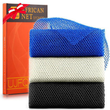 UJFQBH 3 Pieces African Bath Sponge African Net Long Net Bath Sponge Exfoliating Shower Body Scrubber Back Scrubber Skin Smoother,Great for Daily Use(Blue,Black,Off-White)