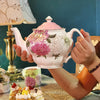 Pulchritudie Bone China Teapot, English Teaset, Dahlia Floral Design with Golden Rim, 37 Oz