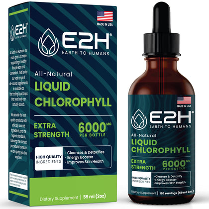 E2H Chlorophyll Liquid Drops - All-Natural Flavored Energy Booster, Immune System Support and Internal Deodorant - Vegan - Gluten Free - Non-GMO - 2 Fl Oz