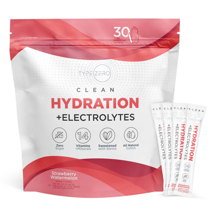 Type Zero Clean Hydration + Electrolytes Drink Mix (30 Single-Serving Packets) - Advanced Hydration for Any Occasion (Strawberry Watermelon)