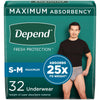 Depend Fresh Protection Adult Incontinence Underwear for Men (Formerly Depend Fit-Flex), Disposable, Maximum, Small/Medium, Grey, 32 Count, Packaging May Vary