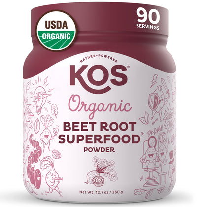 KOS Organic Beet Root Powder - USDA Certified, Nitric Oxide Booster, Non-GMO, Gluten & Soy Free - 90 Servings