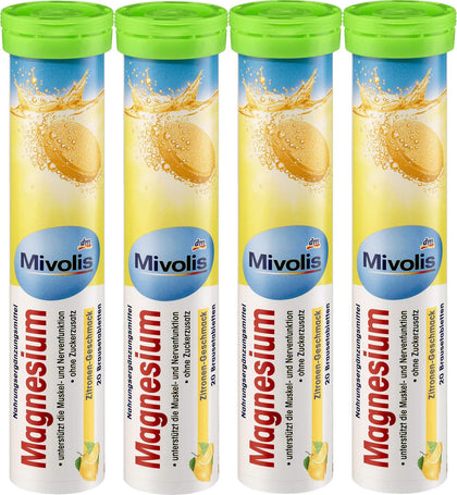 Mivolis Magnesium effervescent Tablets - Dietary Supplements 4 Packs x 20 pcs | Germany