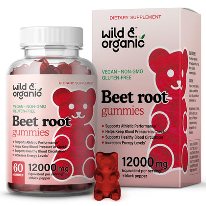 Wild & Organic Beet Root Gummies - Natural Energy Supplements - Red Beets Chewable Vitamins Gummy - 12000 mg, 60 Chews