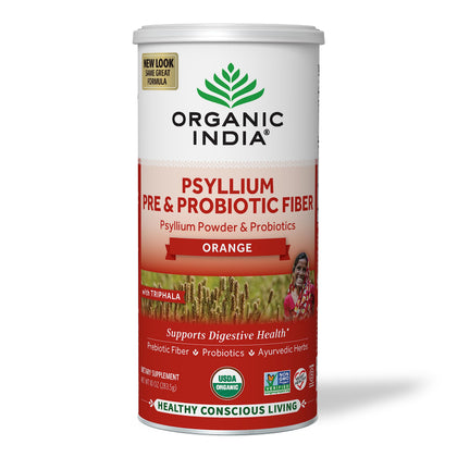 Organic India Psyllium Husk Pre & Probiotic Fiber, Orange Flavor, Psyllium Husk Powder, Keto, Paleo, Vegan, Gluten Free, Dietary Fiber Power, Psyllium Husk Whole, 10 Oz Bag