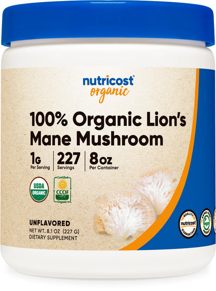 Nutricost Organic Lion's Mane Mushroom Powder (8 oz) - 227 Servings, Certified USDA Organic Supplement