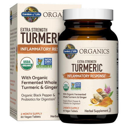 Garden of Life Organics Extra Strength Turmeric Inflammatory Response 60 Tablets-100mg Curcumin (95% Curcuminoids) Black Pepper, Probiotics, Organic Non-GMO Vegan Gluten Free Herbal Supplement