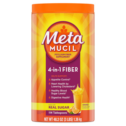 Metamucil 4-in-1 Fiber Supplement for Digestive Health, Psyllium Husk Fiber Powder, Fiber Supplement with Real Sugar, Orange Flavored, 114 tablespoons