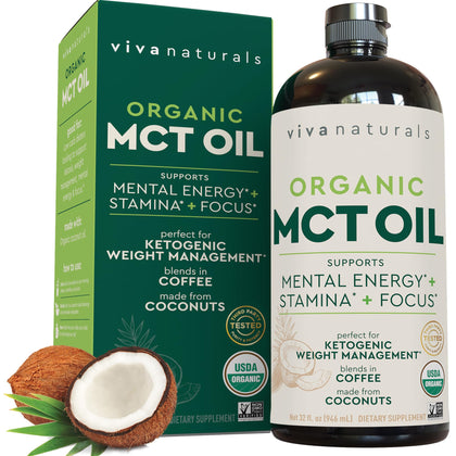 Viva Naturals Organic MCT Oil for Keto Coffee (32 fl oz) - Best MCT Oil Supplement to Support Energy and Mental Clarity, USDA Organic, Non-GMO and Paleo Certified & Keto Friendly