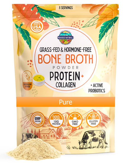 Paradise Naturals 100% Grass-Fed Beef Bone Broth Protein Powder -Active Probiotics- Collagen Peptide Rich, 15g Protein, Non-GMO, Low Sodium, Healthy Skin Hair Joints, Gut Health, Paleo Keto, No Gluten