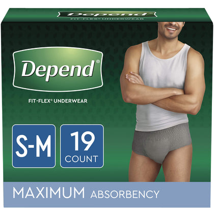 Depend FIT-FLEX Incontinence Underwear for Men, Maximum Absorbency, Disposable, Small/Medium, Grey, 19 Count (Pack of 1)