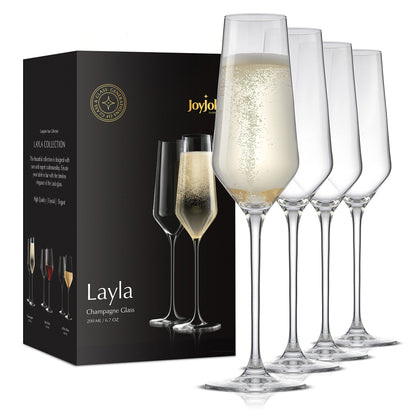 JoyJolt Champagne Flutes - Layla Collection Crystal Champagne Glasses Set of 4 - 6.7 Ounce Capacity - Ideal for Home Bar, Special Occasions - Made in Europe