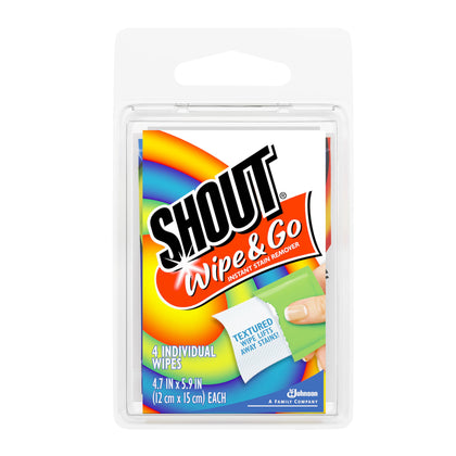 Shout Wipes, Wipe and Go Instant Stain Remover, Laundry Stain and Spot Remover for On-the-Go, 4 Wipes (Pack of 1)