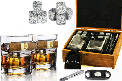 Whiskey Glasses Gift Set Cigar Glasses Gift Set of 2 Old Fashioned Square Glasses with Intended Cigar Rest, Granite Chilling Rocks, Tongs, Velvet Pouch and Cigar Cutter. Gift for dad, Husband