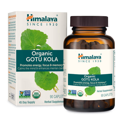 Himalaya Organic Gotu Kola, Herbal Supplement for Energy, Focus, Memory, Alertness, Concentration, Calms The Mind, Cognitive Support, Non-GMO, USDA Organic, 90 Plant-Based Caplets, 45 Day Supply