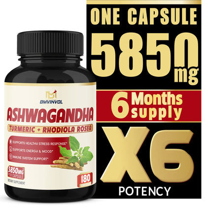 (6 Months Supply) Ashwagandha Extract Capsules 5850 mg- 180 Capsules - Mood & Immune Support with St.John's Wort, Turmeric, Rhodiola Rosea Extract