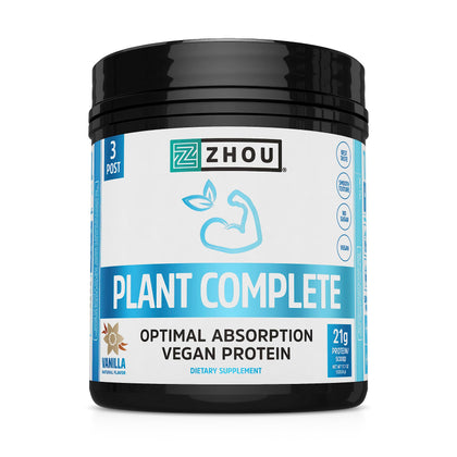 Zhou Nutrition Plant Based Vegan Protein Powder, Best Absorption Digest Score, Complete Amino Acid Profile, Dairy Free, Soy Free, Gluten Free, Sugar Free, Vanilla, 21g Protein, 16 Servings