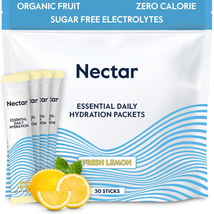 Nectar Hydration Packets - Electrolytes Powder Packets - No Sugar or Calories - Organic Fruit Liquid Daily IV Hydrate Packets for Hangover & Dehydration Relief and Rapid Rehydration (Lemon 30 Pack)