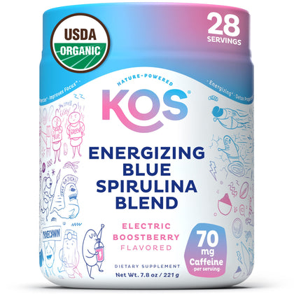 KOS Energizing Blue Spirulina Blend - USDA Certified Organic - B Vitamins, Ashwagandha, Ginseng, Adaptogens, Biotin - Vegan Pre Workout Powder - Caffeinated, Berry Flavored, 28 Servings